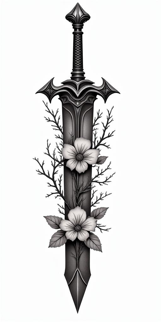 Assassins creed weapon mixed with flowers, thorns, vines and bloodin portrait tattoo style, featuring a highly realistic and detailed depiction 