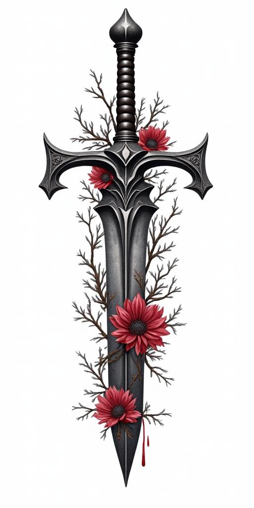Assassins creed weapon mixed with flowers, thorns, vines and bloodin portrait tattoo style, featuring a highly realistic and detailed depiction  - Variation 5