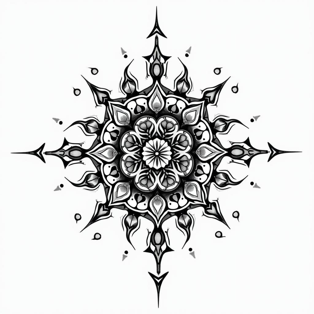 A place of tranquility and peacein dotwork style tattoo, complex mandala patterns, interlocking geometric shapes with sharp symmetry, clean lines, sharp angles - Variation 4