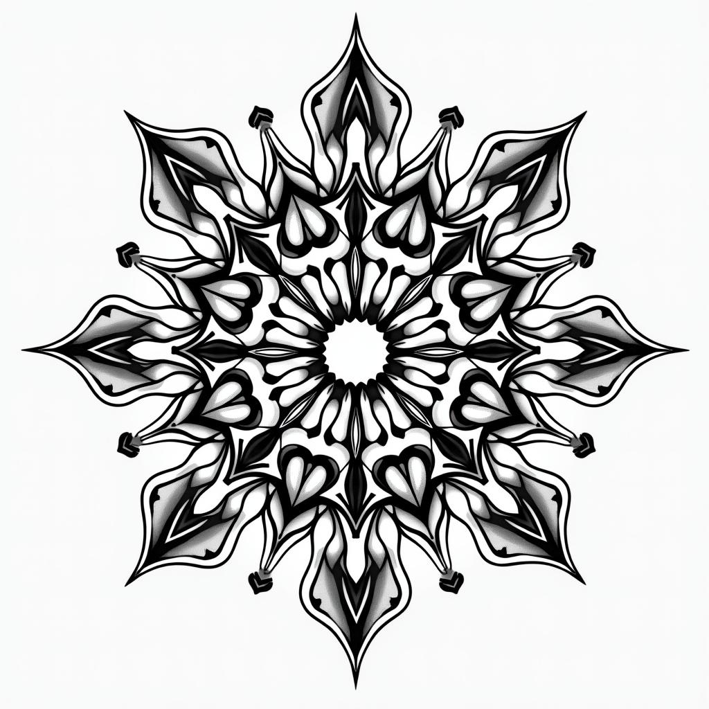 A place of tranquility and peacein dotwork style tattoo, complex mandala patterns, interlocking geometric shapes with sharp symmetry, clean lines, sharp angles - Variation 1