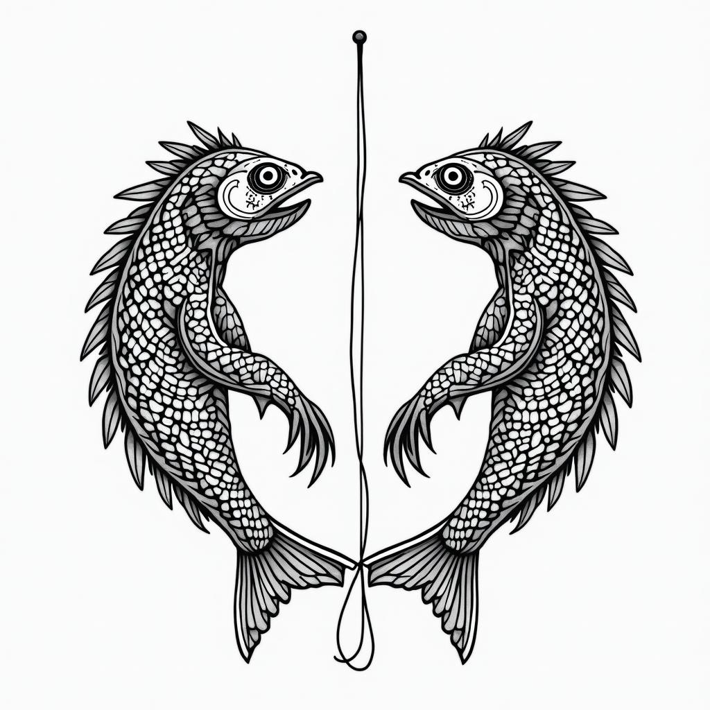 Nothern, fishing, hang around friendsin dotwork style tattoo, complex mandala patterns, interlocking geometric shapes with sharp symmetry, clean lines, sharp angles - Variation 8