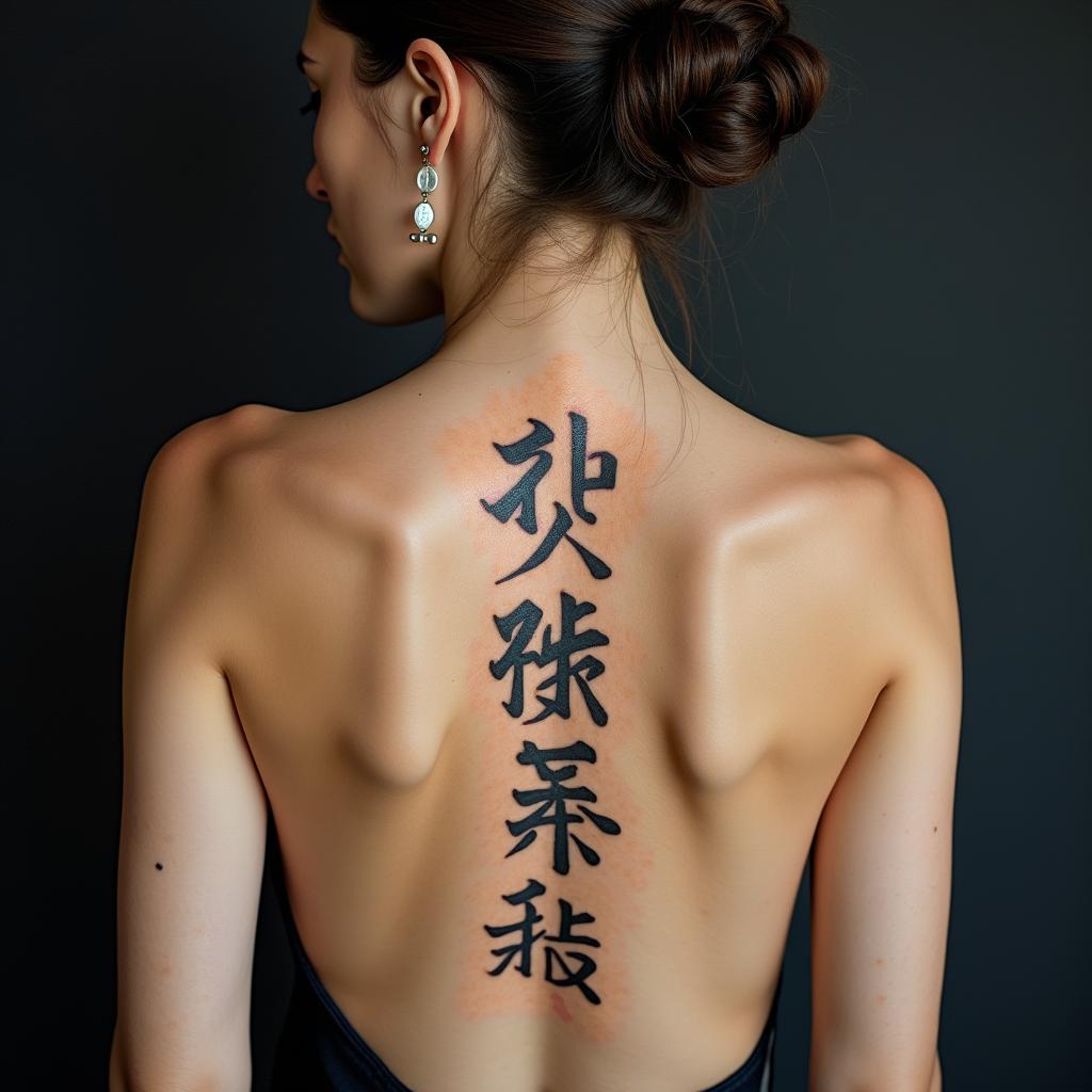 Nichole Farrell, 18/08/1988, Leotext-based tattoo, japanese font ultra-realistic, perfectly placed, high-quality font design, photo-realistic shading, 8k, high quality, finely detailed typograph - Variation 4