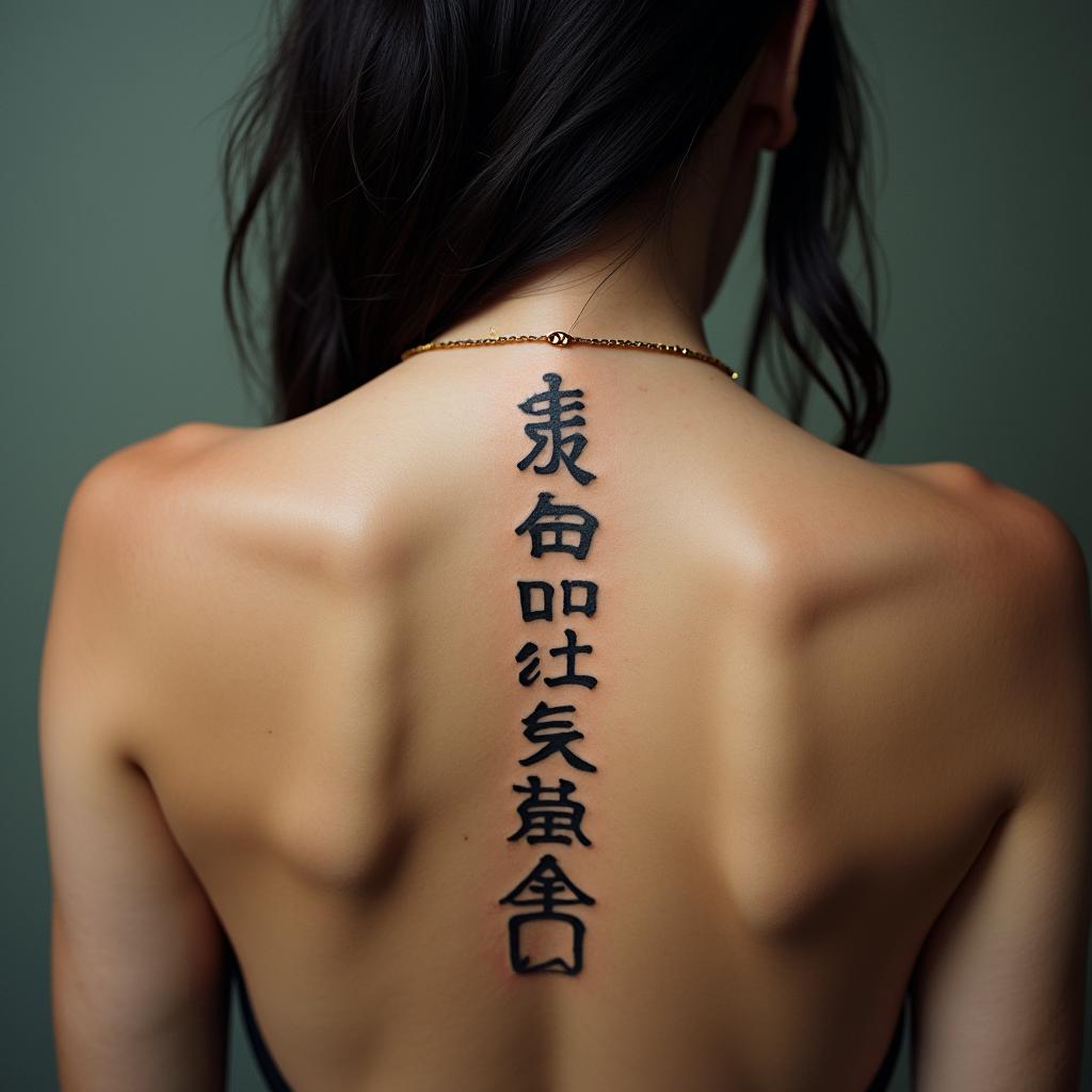 Nichole Farrell, 18/08/1988, Leotext-based tattoo, japanese font ultra-realistic, perfectly placed, high-quality font design, photo-realistic shading, 8k, high quality, finely detailed typograph