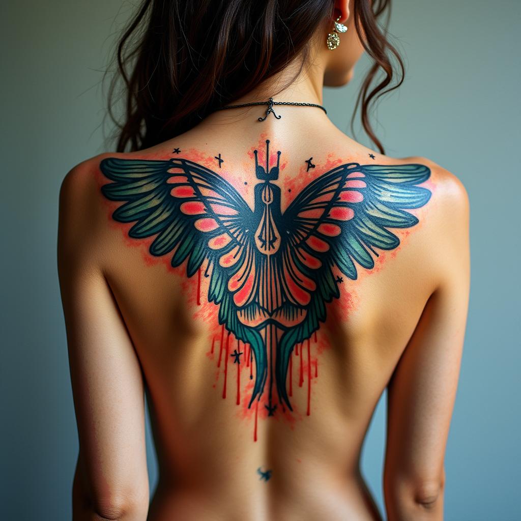 Nichole Farrell, 18/08/1988, Leoin graffiti style tattoo, featuring bold and dynamic street art elements, spray-paint texture with exaggerated lines and expressive, chaotic brushstrokes, intricate lettering incorporated with graffiti tags, symbols like hearts, stars, and wings