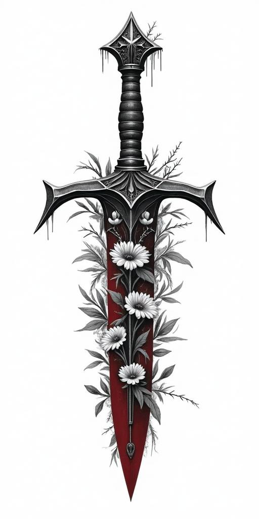 Assassins creed blade mixed with flowers, thorns, vines and loads of blood in realism tattoo style, featuring a highly detailed, lifelike, capturing every detail, photorealistic, ultra realistic, intricate shading, smooth and sharp,   - Variation 3