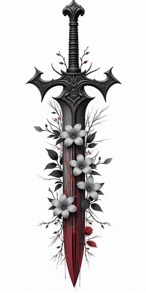 Assassins creed blade mixed with flowers, thorns, vines and loads of blood in realism tattoo style, featuring a highly detailed, lifelike, capturing every detail, photorealistic, ultra realistic, intricate shading, smooth and sharp,   - Variation 2