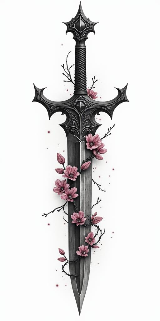 Assassins creed blade mixed with flowers, thorns, vines and loads of blood in realism tattoo style, featuring a highly detailed, lifelike, capturing every detail, photorealistic, ultra realistic, intricate shading, smooth and sharp,