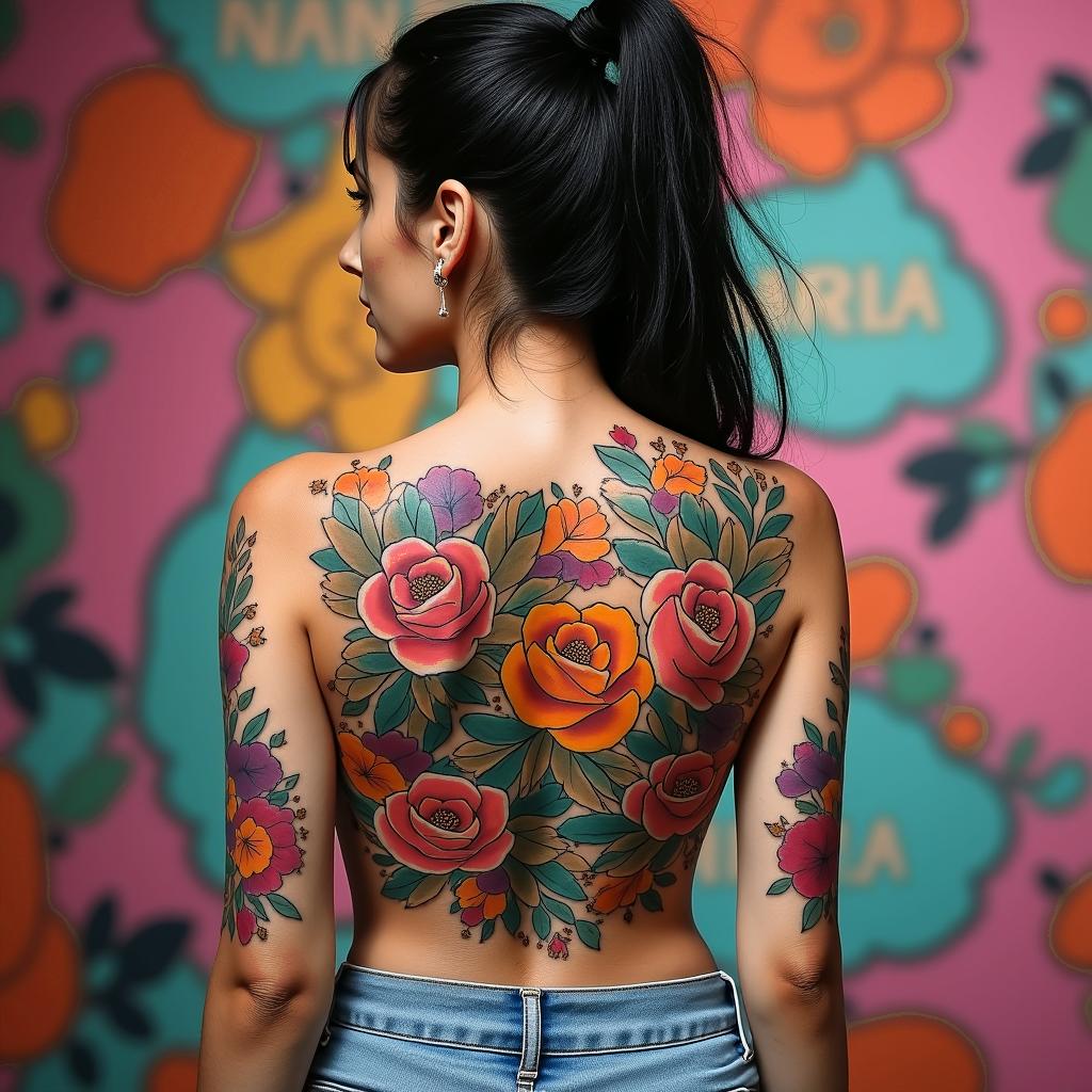 Nichole Farrell, 18/08/1988, Leoin pop art style tattoo, featuring bold and vibrant colors, exaggerated outlines, iconic imagery, inspired by comic books and speech bubbles, comic book characters, retro pop culture - Variation 3