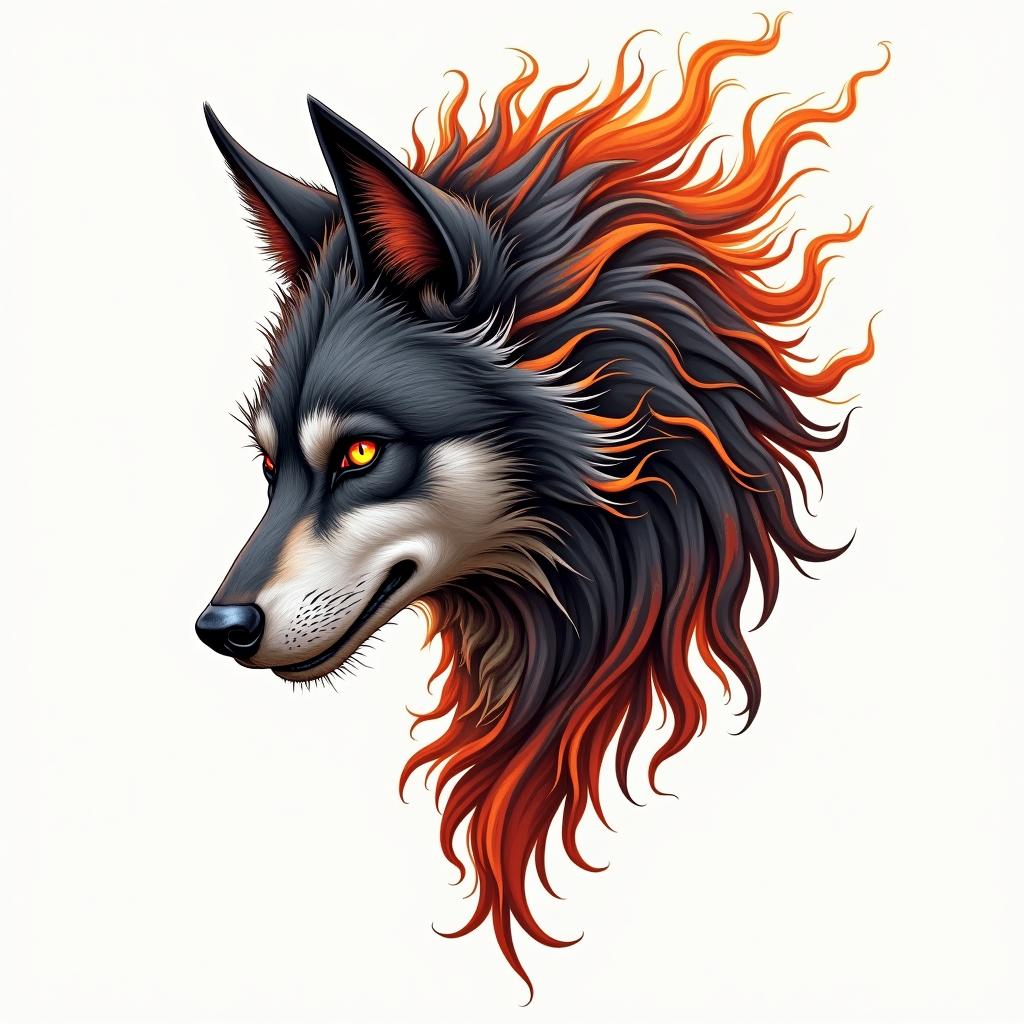 Tribal wolf evilin flame tattoo style showcasing fiery elements with dynamic flame patterns, glowing effect of flames, natural colors - Variation 2