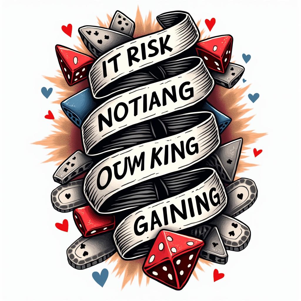 It says risk nothing gain nothing with cards poker chips and dicein pop art style tattoo, featuring bold and vibrant colors, exaggerated outlines, iconic imagery, inspired by comic books and speech bubbles, comic book characters, retro pop culture - Variation 3