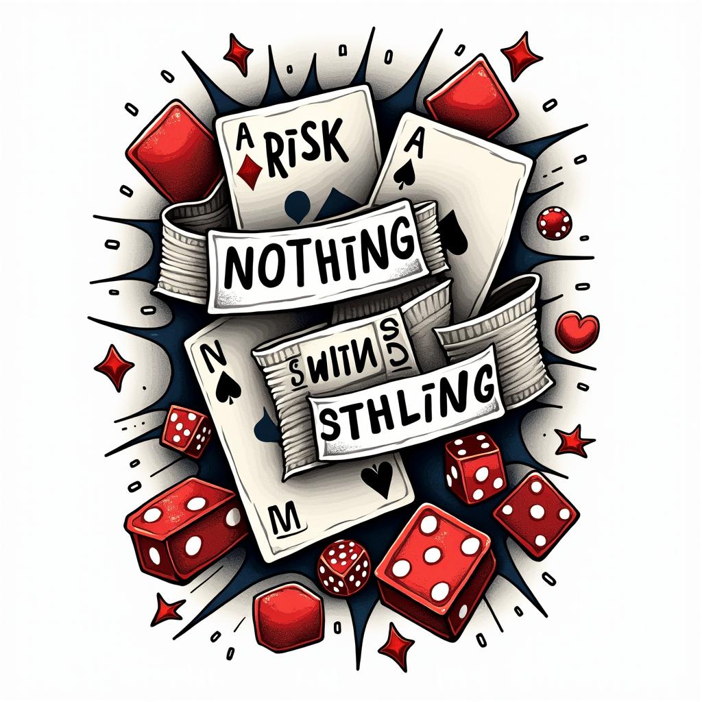 It says risk nothing gain nothing with cards poker chips and dicein pop art style tattoo, featuring bold and vibrant colors, exaggerated outlines, iconic imagery, inspired by comic books and speech bubbles, comic book characters, retro pop culture - Variation 2