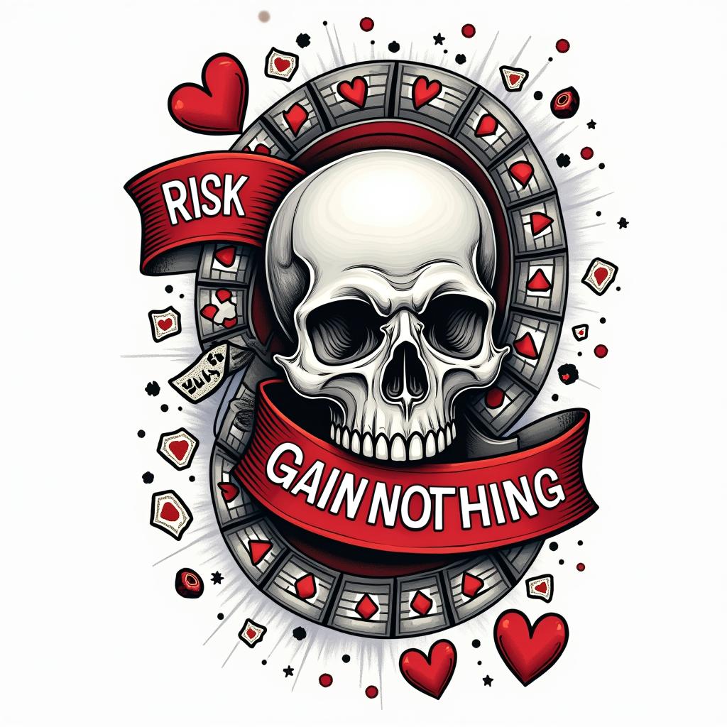 It says risk nothing gain nothing with cards poker chips and dicein pop art style tattoo, featuring bold and vibrant colors, exaggerated outlines, iconic imagery, inspired by comic books and speech bubbles, comic book characters, retro pop culture