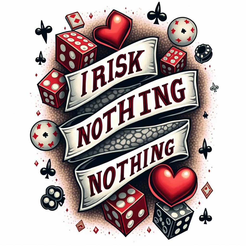 It says risk nothing gain nothing with cards poker chips and dicein pop art style tattoo, featuring bold and vibrant colors, exaggerated outlines, iconic imagery, inspired by comic books and speech bubbles, comic book characters, retro pop culture - Variation 4