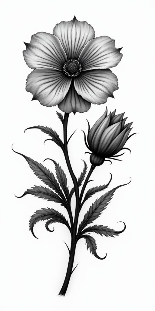 Blood flowers and thorns in realism tattoo style, featuring a highly detailed, lifelike, capturing every detail, photorealistic, ultra realistic, intricate shading, smooth and sharp,   - Variation 3