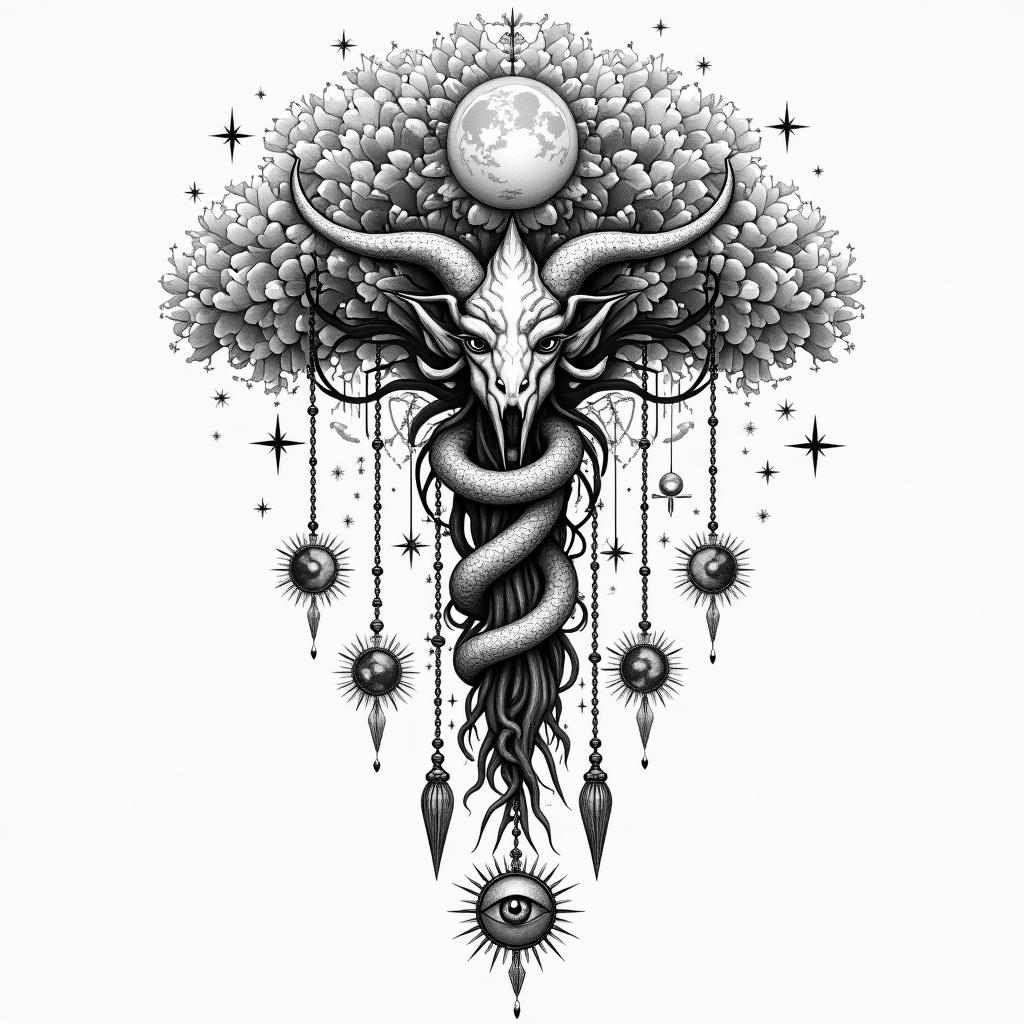 Dream catcher on tree with Medusain prophecy tattoo style, featuring mystical symbols, celestial imagery like stars, moons, suns, geometric patterns, foretelling elements, an eye of wisdom - Variation 4