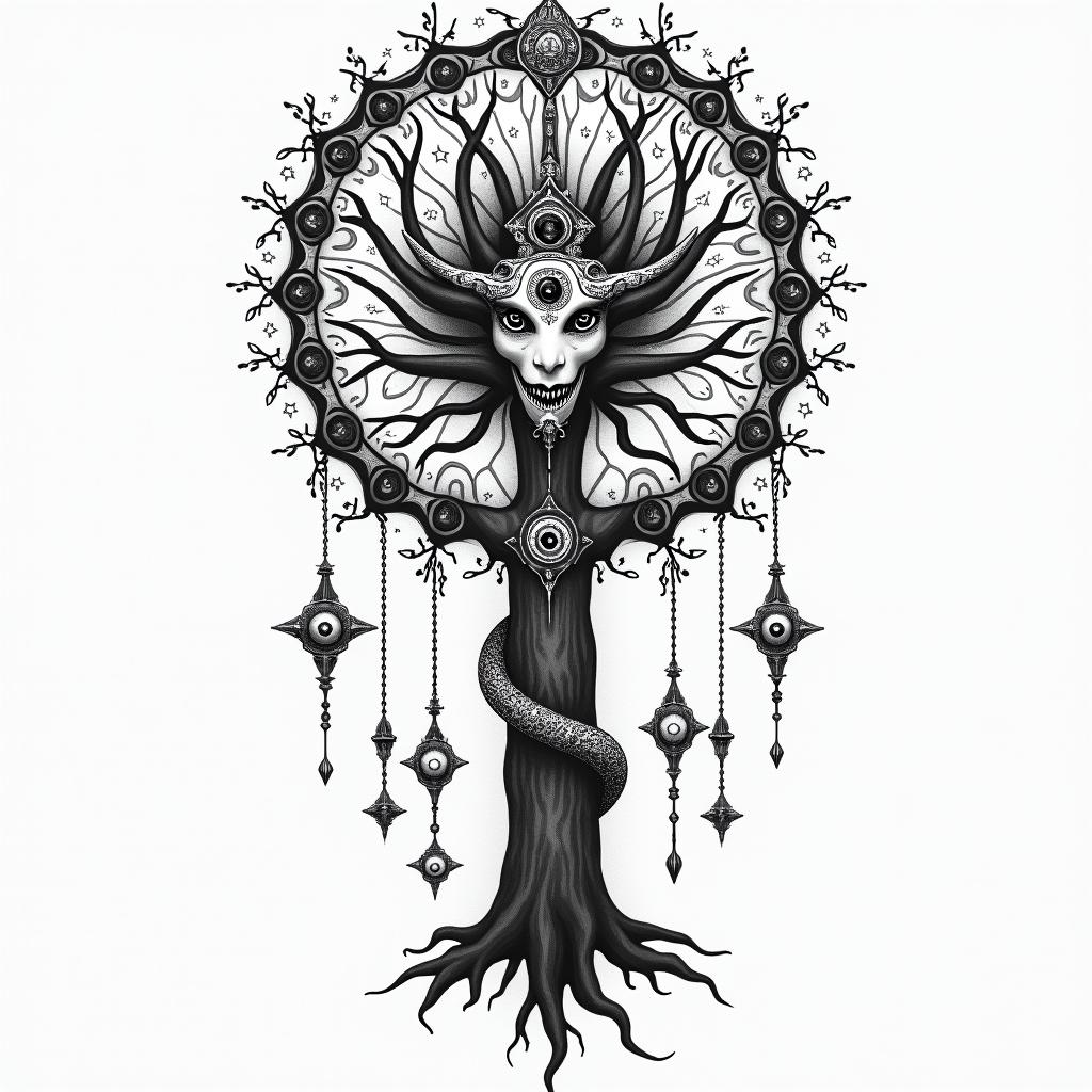 Dream catcher on tree with Medusain prophecy tattoo style, featuring mystical symbols, celestial imagery like stars, moons, suns, geometric patterns, foretelling elements, an eye of wisdom - Variation 3