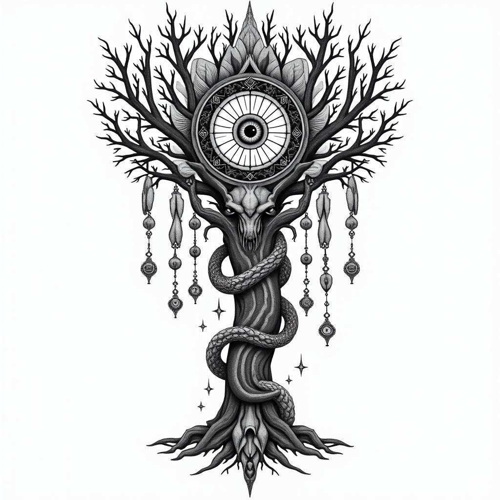 Dream catcher on tree with Medusain prophecy tattoo style, featuring mystical symbols, celestial imagery like stars, moons, suns, geometric patterns, foretelling elements, an eye of wisdom