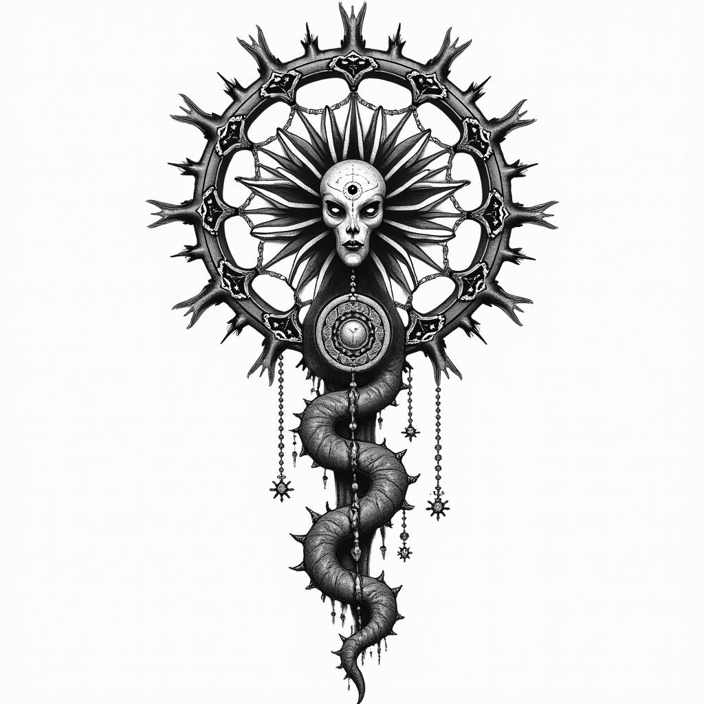 Dream catcher on tree with Medusain prophecy tattoo style, featuring mystical symbols, celestial imagery like stars, moons, suns, geometric patterns, foretelling elements, an eye of wisdom - Variation 2