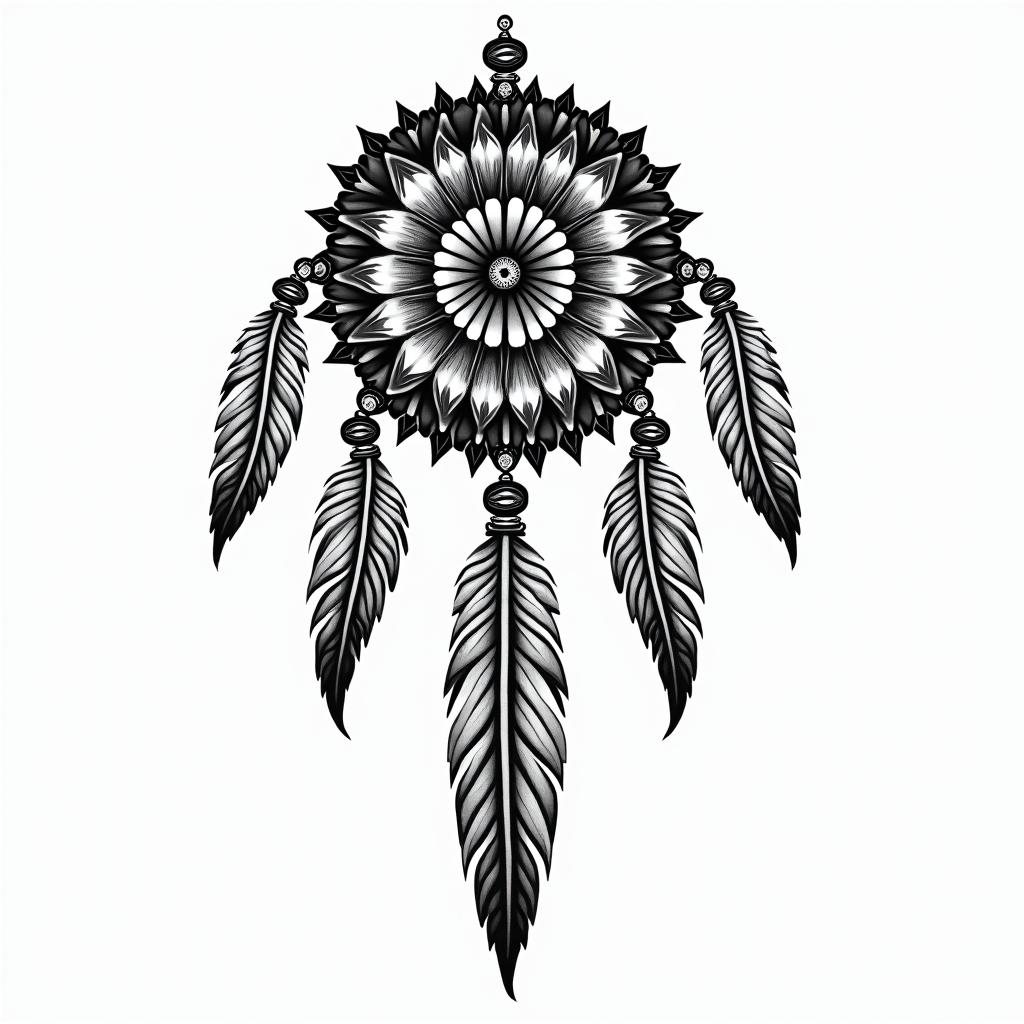 Dreamcatcher with feathersin tribal tattoo style, featuring bold and black geometric shapes, curved lines, intertwine and flow seamlessly, creating a powerful and symbolic design, polynesian and maori styles