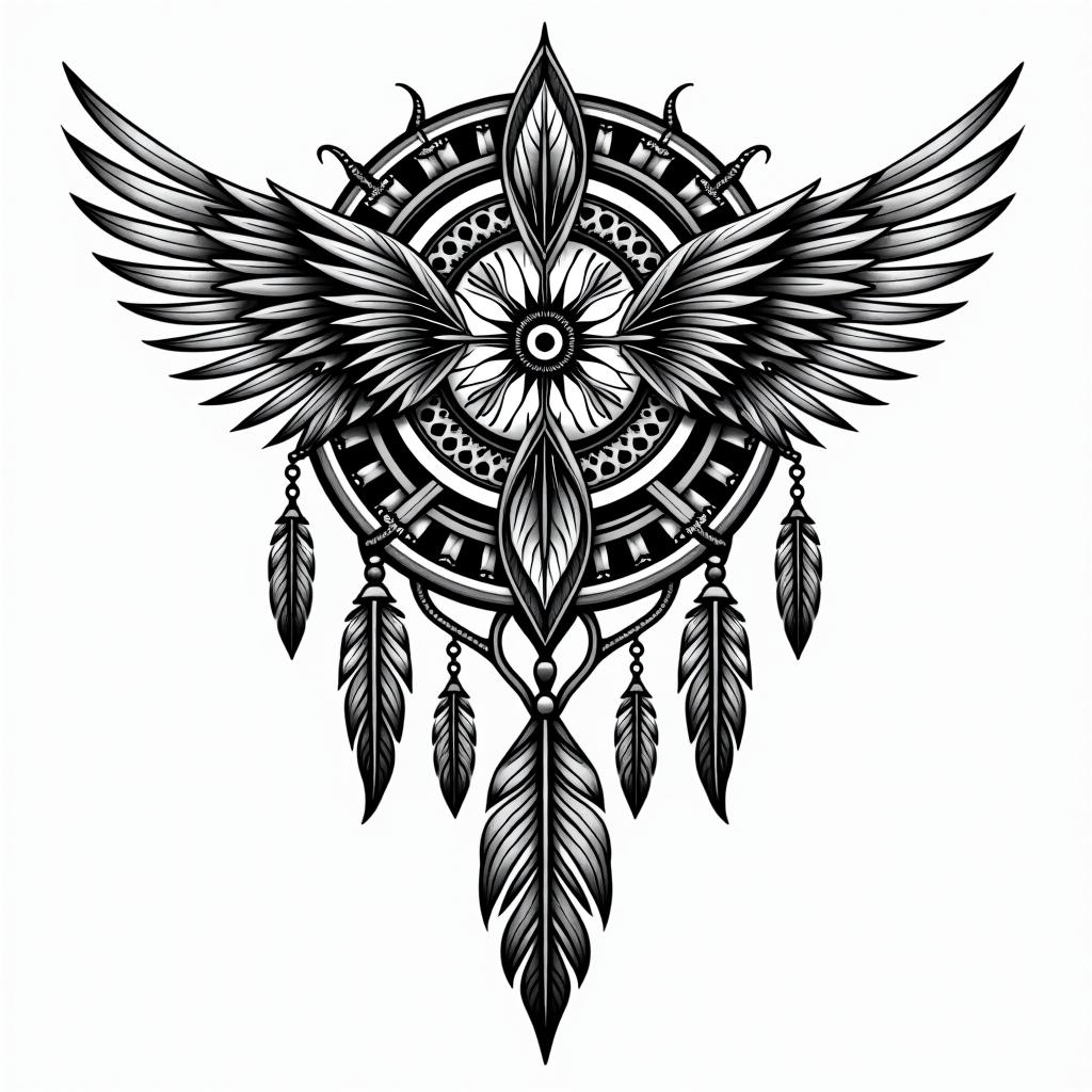 Dreamcatcher with feathersin tribal tattoo style, featuring bold and black geometric shapes, curved lines, intertwine and flow seamlessly, creating a powerful and symbolic design, polynesian and maori styles - Variation 4