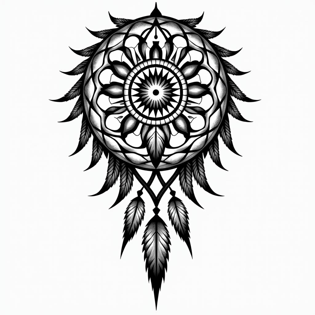 Dreamcatcher with feathersin tribal tattoo style, featuring bold and black geometric shapes, curved lines, intertwine and flow seamlessly, creating a powerful and symbolic design, polynesian and maori styles - Variation 3