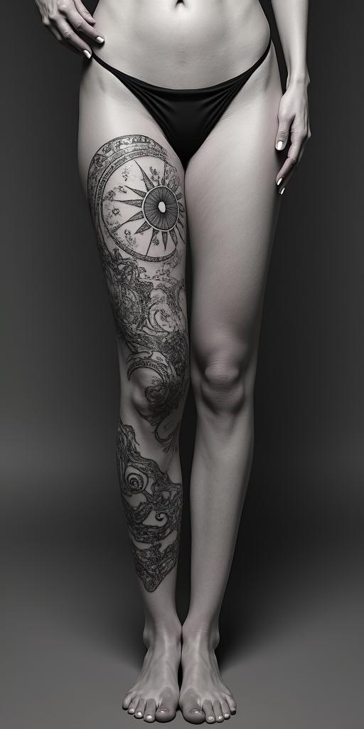 Astrological theme. Geminiin prophecy tattoo style, featuring mystical symbols, celestial imagery like stars, moons, suns, geometric patterns, foretelling elements, an eye of wisdom - Variation 2
