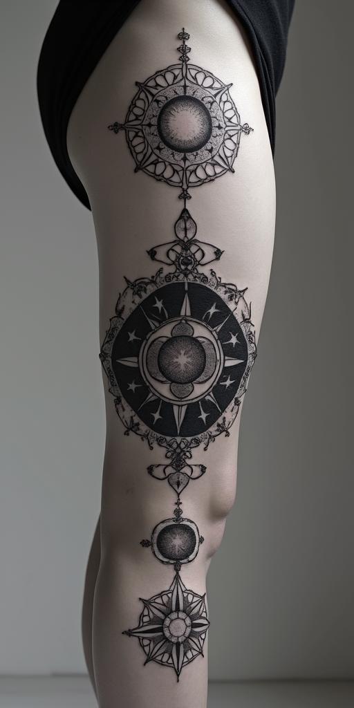 Astrological theme. Geminiin prophecy tattoo style, featuring mystical symbols, celestial imagery like stars, moons, suns, geometric patterns, foretelling elements, an eye of wisdom