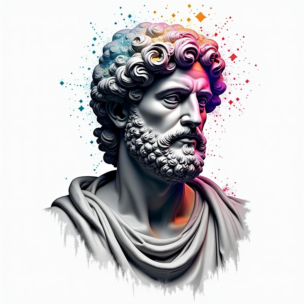 Shinedown album coverin distorted and fragmented tattoo design, featuring a classical statue bust, in a glitch art style with vibrant, overlapping colors of cyan, magenta, and yellow, creating a digital distortion effect - Variation 4