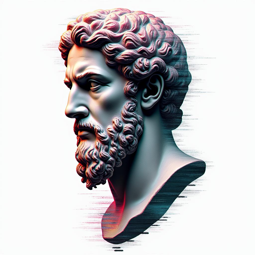 Shinedown album coverin distorted and fragmented tattoo design, featuring a classical statue bust, in a glitch art style with vibrant, overlapping colors of cyan, magenta, and yellow, creating a digital distortion effect - Variation 3