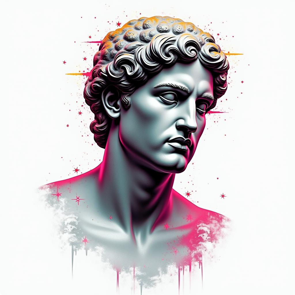 Shinedown album coverin distorted and fragmented tattoo design, featuring a classical statue bust, in a glitch art style with vibrant, overlapping colors of cyan, magenta, and yellow, creating a digital distortion effect - Variation 2