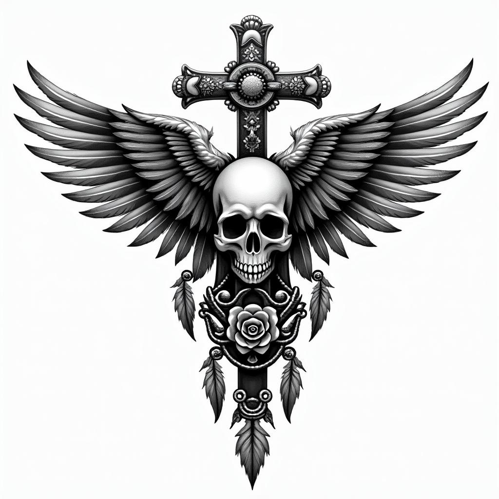 Dreamcatcher with feathersin chicano style tattoo, featuring intricate black and grey shading, bold elements of traditional chicano culture symbols, add a big cross with skull, chains and roses - Variation 4