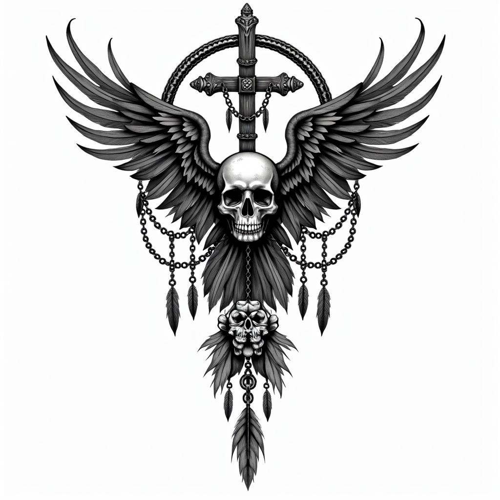 Dreamcatcher with feathersin chicano style tattoo, featuring intricate black and grey shading, bold elements of traditional chicano culture symbols, add a big cross with skull, chains and roses - Variation 3