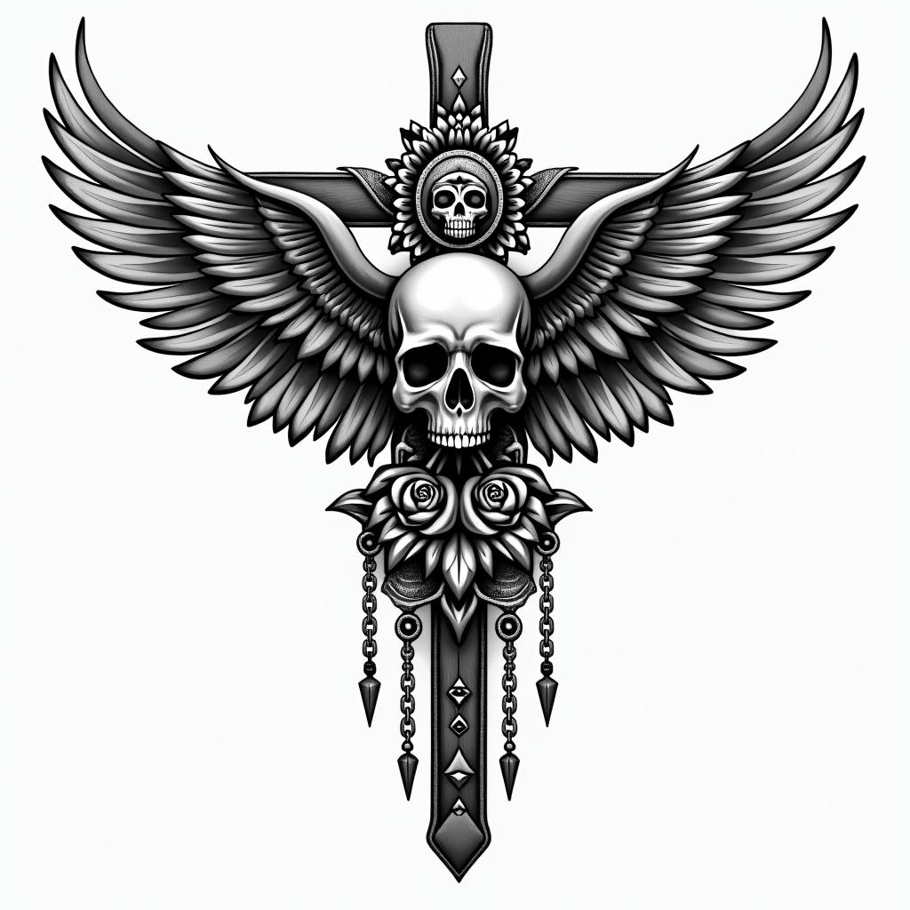 Dreamcatcher with feathersin chicano style tattoo, featuring intricate black and grey shading, bold elements of traditional chicano culture symbols, add a big cross with skull, chains and roses - Variation 2