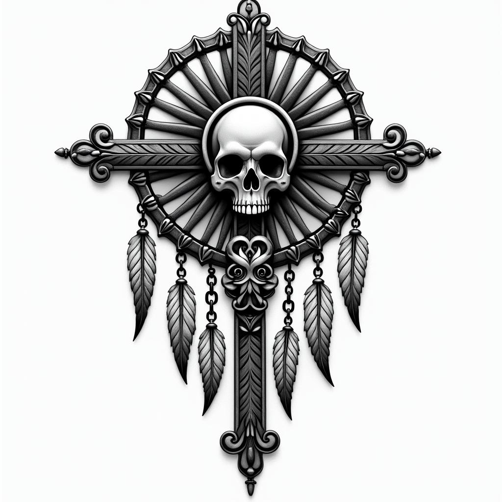 Dreamcatcher with feathersin chicano style tattoo, featuring intricate black and grey shading, bold elements of traditional chicano culture symbols, add a big cross with skull, chains and roses