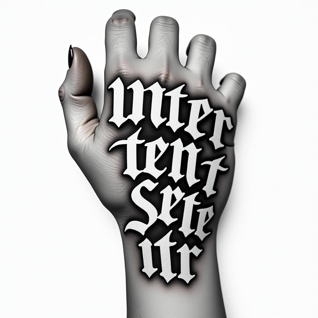 Hand tattoostext-based tattoo, gothic font ultra-realistic, perfectly placed, high-quality font design, photo-realistic shading, 8k, high quality, finely detailed typography