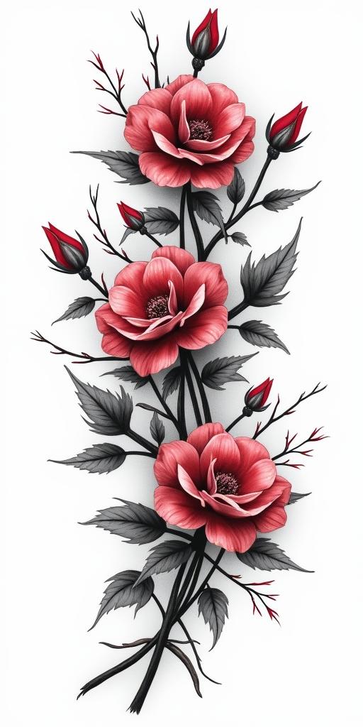 Blood flowers and thorns swirling only colour for bloodin realism tattoo style, featuring a highly detailed, lifelike, capturing every detail, photorealistic, ultra realistic, intricate shading, smooth and sharp,   - Variation 5