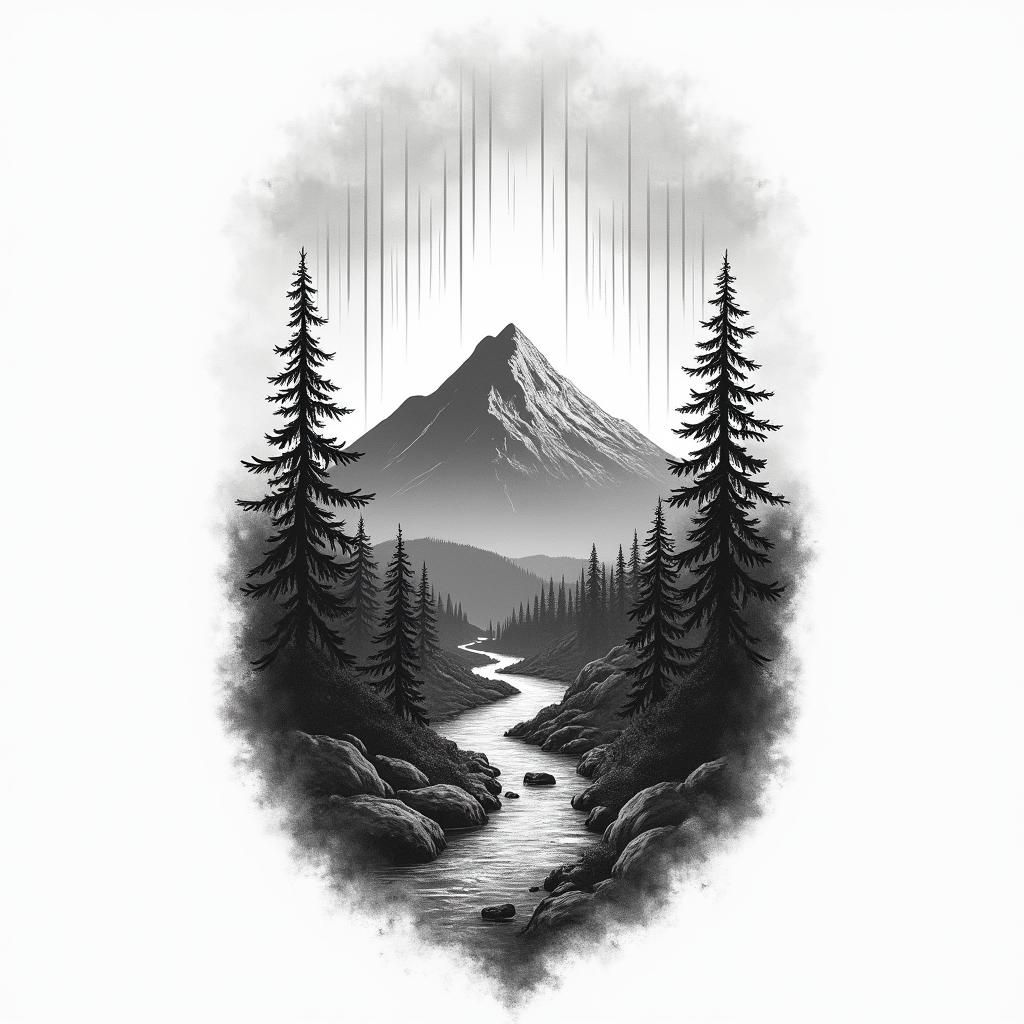 Bourbon. Mountains. Rain.in bohemian style tattoo, 8k - Variation 4