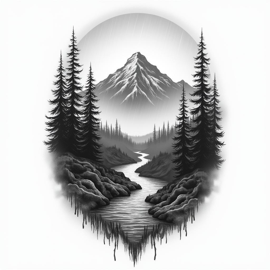 Bourbon. Mountains. Rain.in bohemian style tattoo, 8k - Variation 3