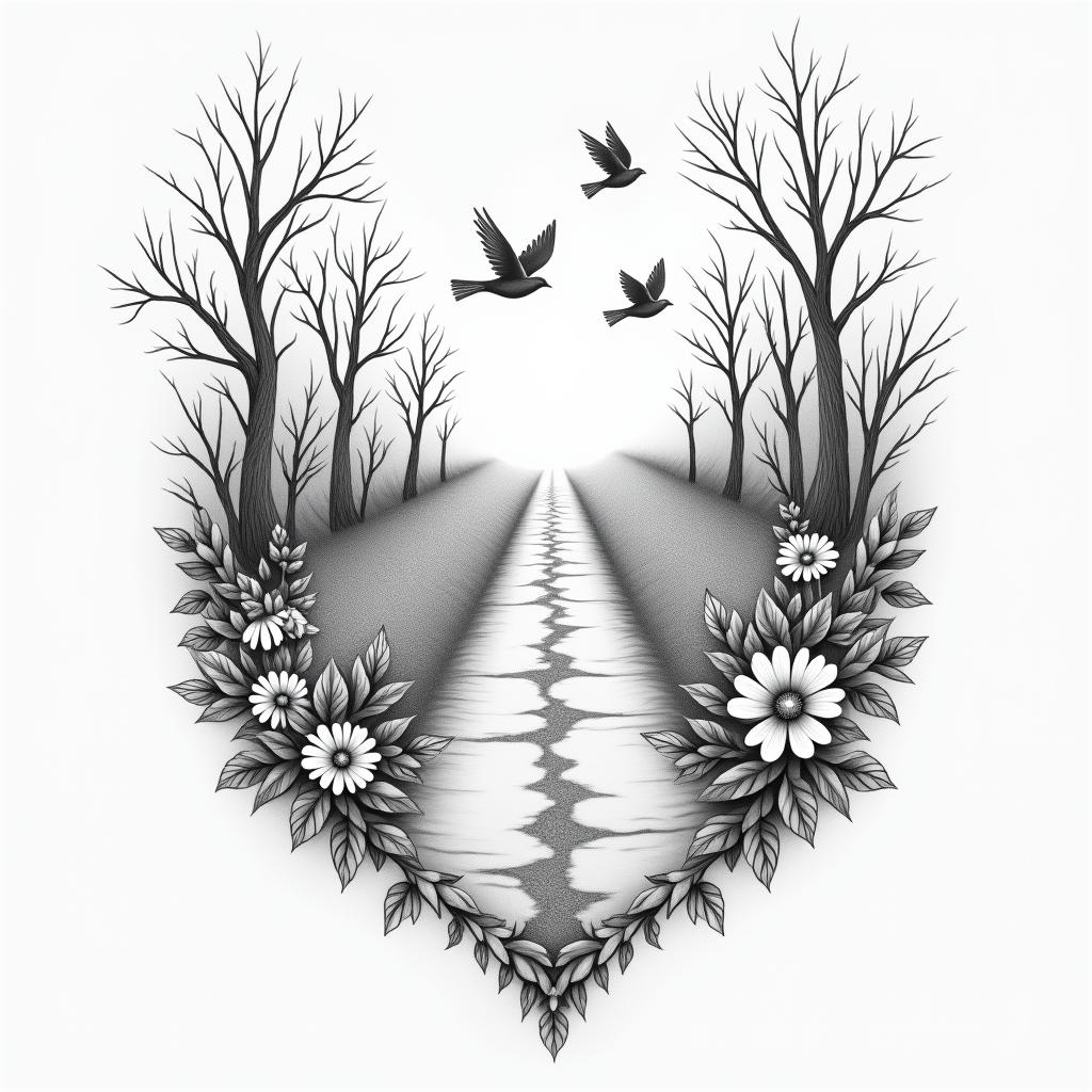 An elegant and delicate tattoo depicting a broken road transforming into a solid road, surrounded by trees and flowers. The design includes three small birds symbolizing the client's daughters, along with a small bird representing the grandbaby, all harmoniously integrated into the scene. The overall aesthetic is soft and graceful, reflecting the beauty of finding love later in life and the joy of family.higly detailed tattoo - Variation 3