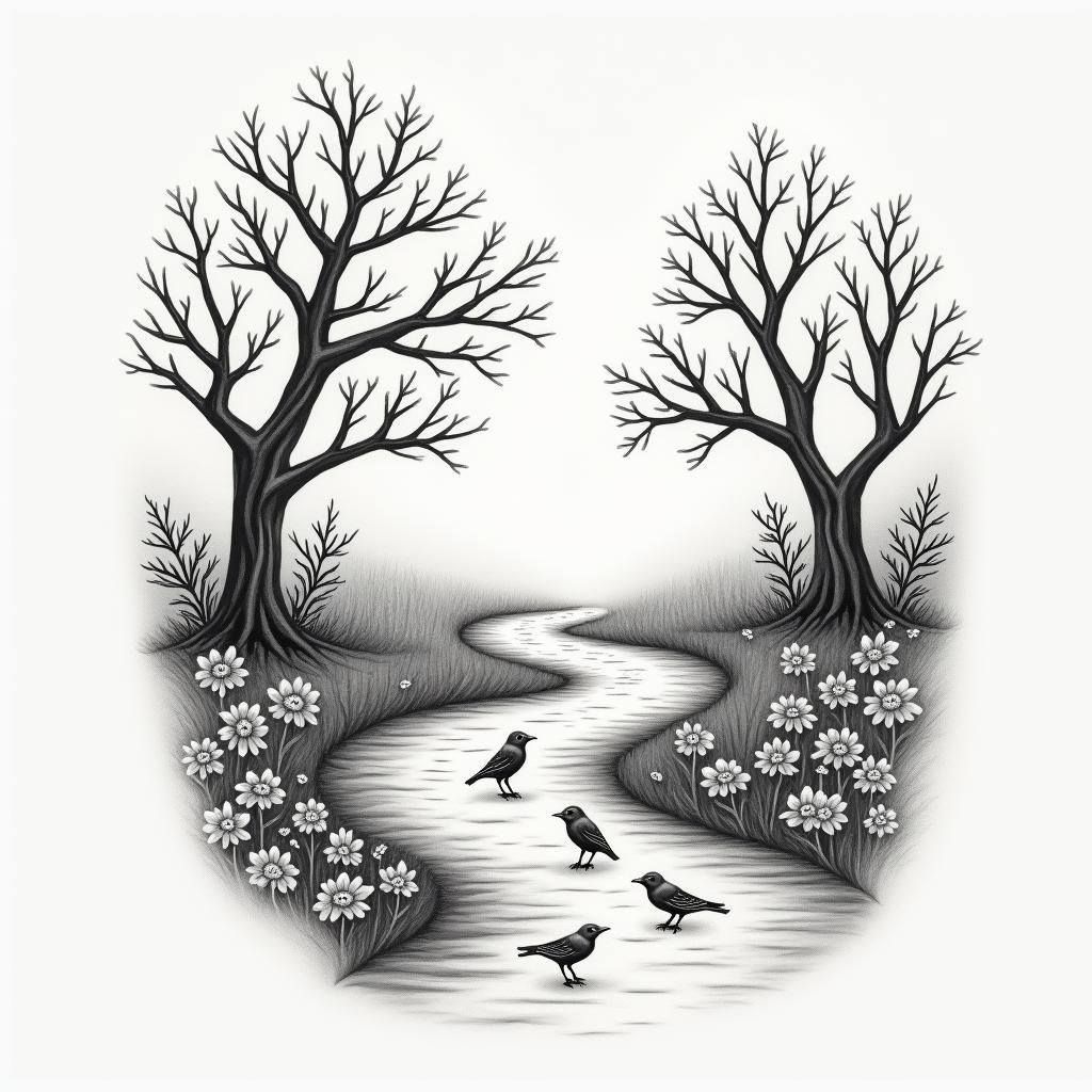 An elegant and delicate tattoo depicting a broken road transforming into a solid road, surrounded by trees and flowers. The design includes three small birds symbolizing the client's daughters, along with a small bird representing the grandbaby, all harmoniously integrated into the scene. The overall aesthetic is soft and graceful, reflecting the beauty of finding love later in life and the joy of family.higly detailed tattoo - Variation 4