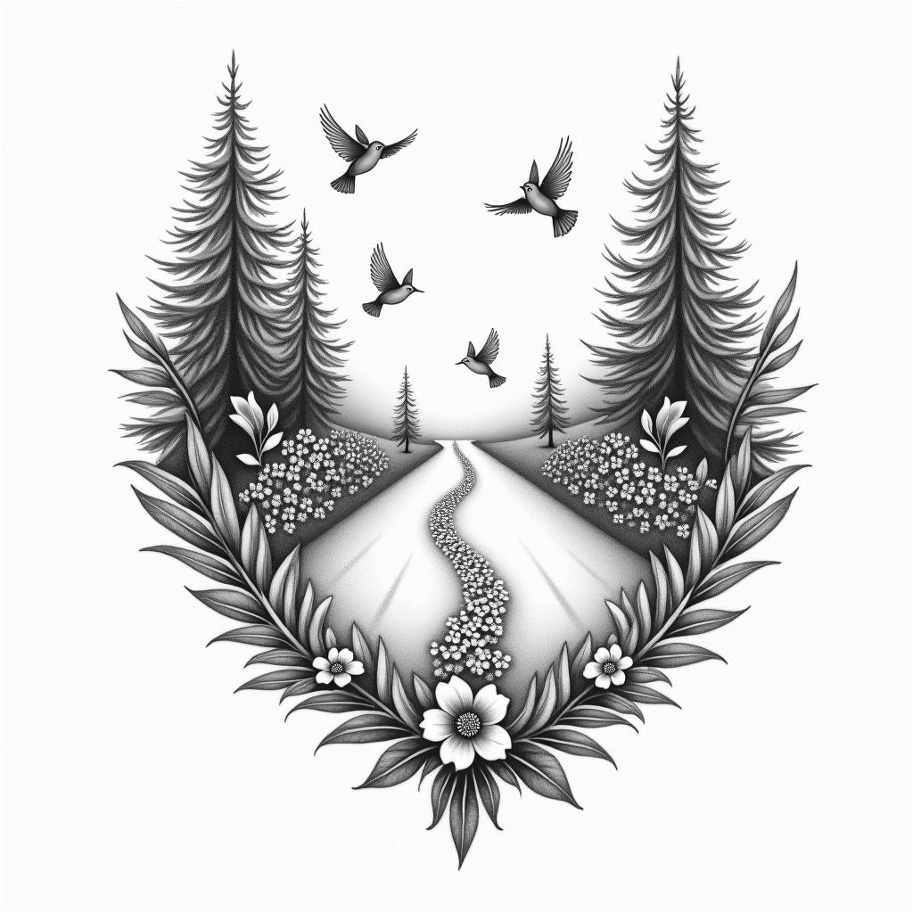 An elegant and delicate tattoo depicting a broken road transforming into a solid road, surrounded by trees and flowers. The design includes three small birds symbolizing the client's daughters, along with a small bird representing the grandbaby, all harmoniously integrated into the scene. The overall aesthetic is soft and graceful, reflecting the beauty of finding love later in life and the joy of family.higly detailed tattoo - Variation 2