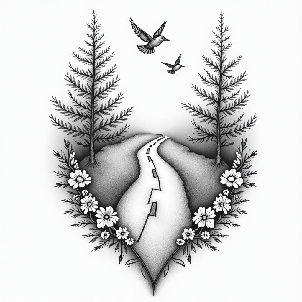 An elegant and delicate tattoo depicting a broken road transforming into a solid road, surrounded by trees and flowers. The design includes three small birds symbolizing the client's daughters, along with a small bird representing the grandbaby, all harmoniously integrated into the scene. The overall aesthetic is soft and graceful, reflecting the beauty of finding love later in life and the joy of family.higly detailed tattoo