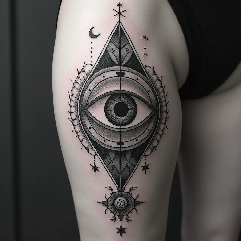 Gemini birth chartin prophecy tattoo style, featuring mystical symbols, celestial imagery like stars, moons, suns, geometric patterns, foretelling elements, an eye of wisdom - Variation 3