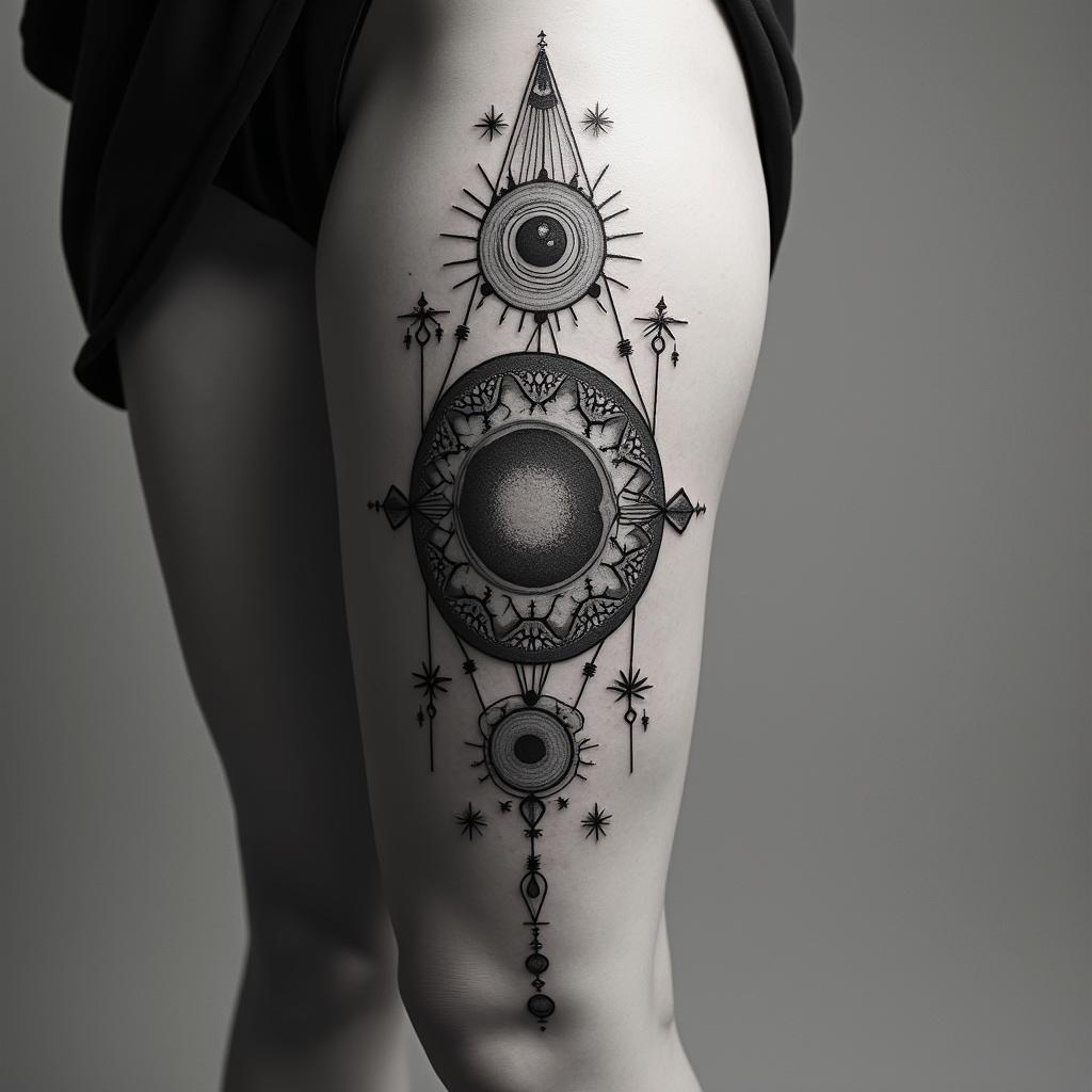 Gemini birth chartin prophecy tattoo style, featuring mystical symbols, celestial imagery like stars, moons, suns, geometric patterns, foretelling elements, an eye of wisdom
