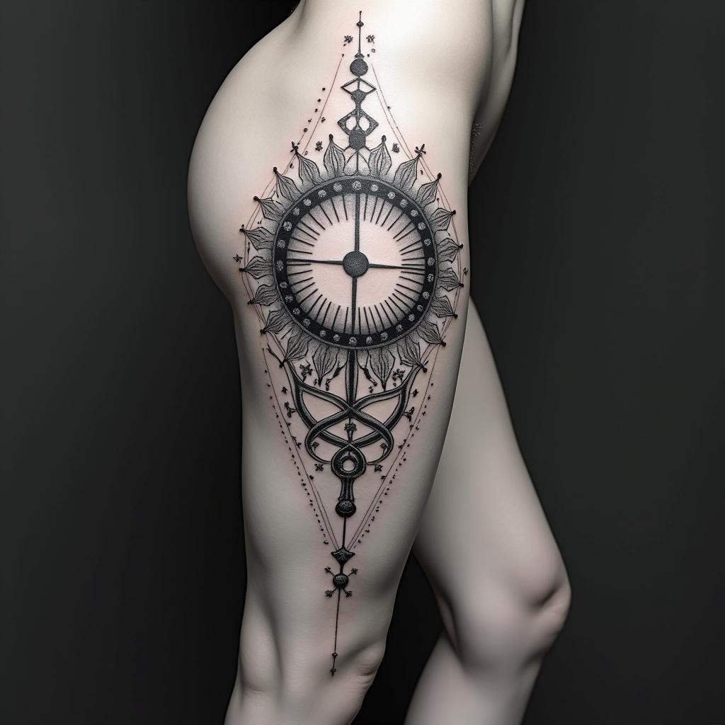Gemini birth chartin prophecy tattoo style, featuring mystical symbols, celestial imagery like stars, moons, suns, geometric patterns, foretelling elements, an eye of wisdom - Variation 2