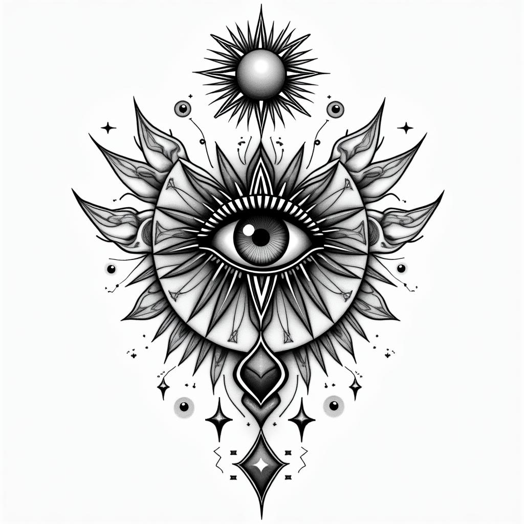 Geminiin prophecy tattoo style, featuring mystical symbols, celestial imagery like stars, moons, suns, geometric patterns, foretelling elements, an eye of wisdom - Variation 4