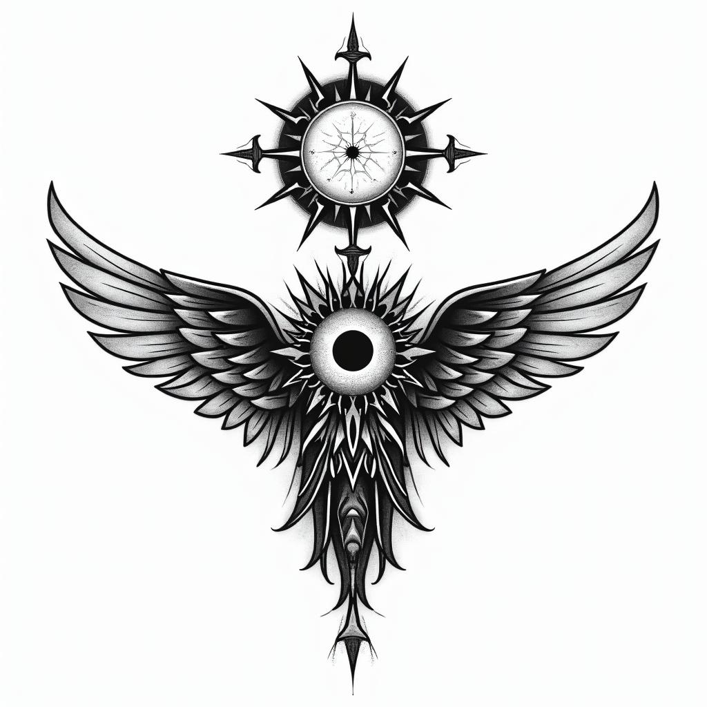 Geminiin prophecy tattoo style, featuring mystical symbols, celestial imagery like stars, moons, suns, geometric patterns, foretelling elements, an eye of wisdom - Variation 2
