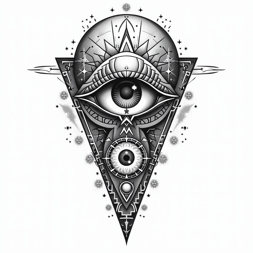 Geminiin prophecy tattoo style, featuring mystical symbols, celestial imagery like stars, moons, suns, geometric patterns, foretelling elements, an eye of wisdom - Variation 3