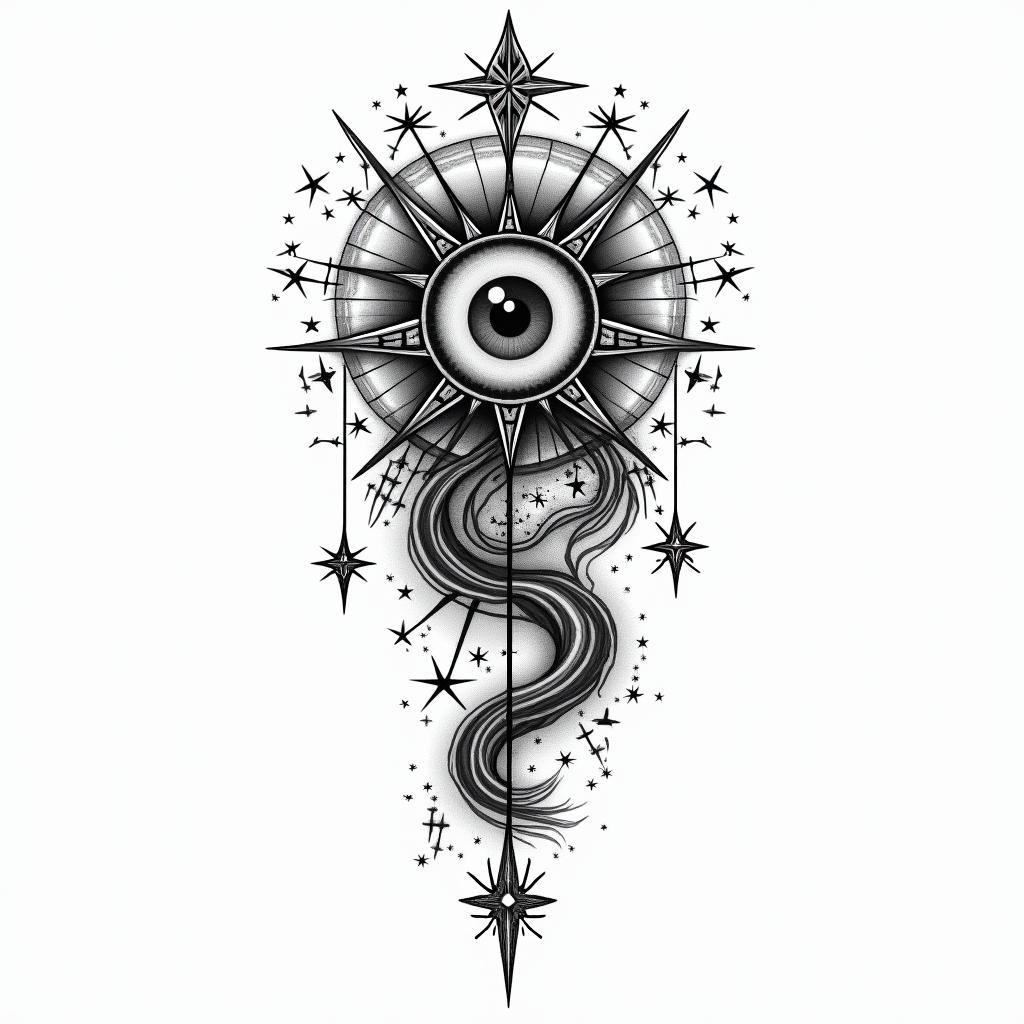 Geminiin prophecy tattoo style, featuring mystical symbols, celestial imagery like stars, moons, suns, geometric patterns, foretelling elements, an eye of wisdom
