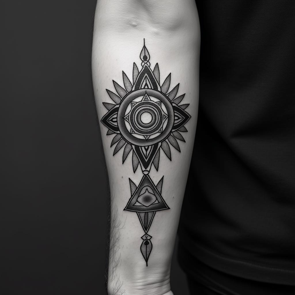Directionin spiritual symbols tattoo style, featuring an intricate design incorporating elements, Hamsa hand, third eye, minimalist composition - Variation 2